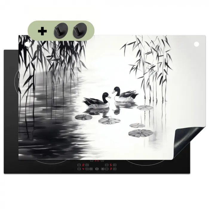 Eenden - Waterlelies - Riet - Zwart Inductie beschemer met haakjes klein -3d