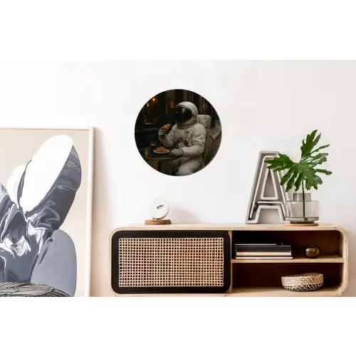 Café - Croissant - Koffie - Astronaut Wandcirkel aluminium klein -kantoor
