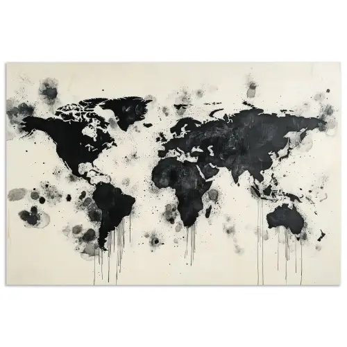 Wereldkaart - Zwart - Inkt poster papier klein -3d