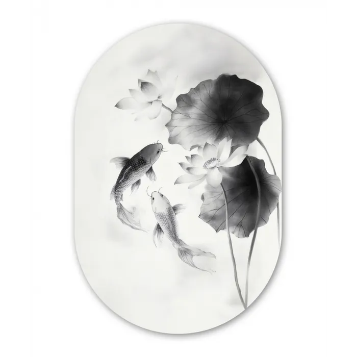 Lotusbloemen - Vissen - Bladeren - Zwart Wandcirkel Ovaal Glas middel -3d