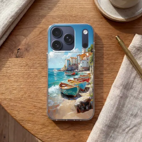 Boten - Rotsen - Zee - Zon Telefoonhoesje iPhone 17 Pro klein -sfeer1