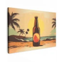 Bierfles - Zonsondergang - Palmbomen - Zee Tuinposter op houten frame 2 cm dik klein -3d