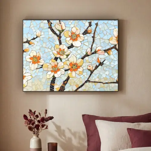 Bloesems - Wit - Mozaïek - Tak Textielframe zwart klein -sfeer1