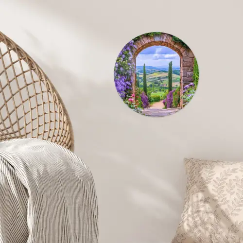Doorkijk - Toscane - Landschap - Poort Wandcirkel behangsticker klein -sfeer4