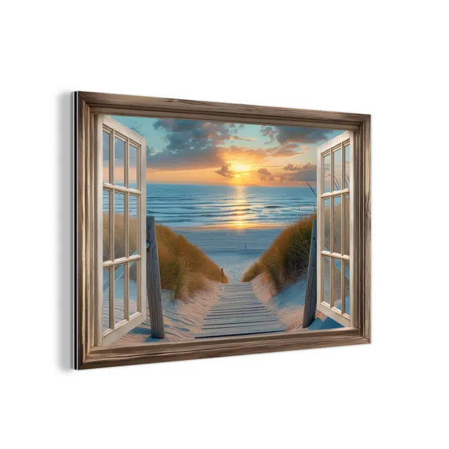 Doorkijk - Strand - Pad - Zonsondergang aluminium wit klein -3d