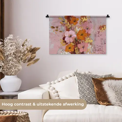 Schilderij - Bloemen - Rustiek - Roze Wandkleed katoen klein -sfeer1