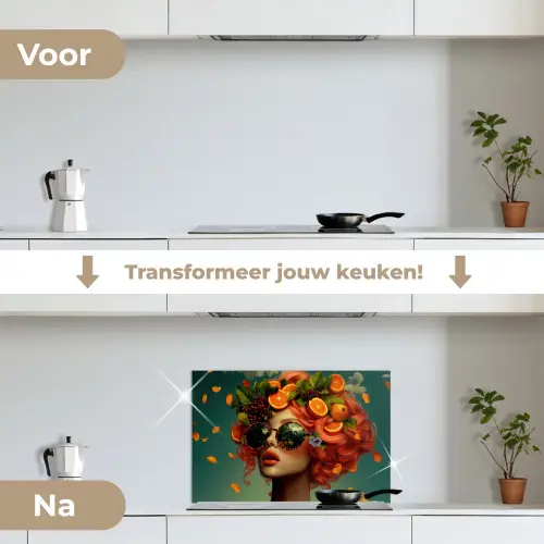 Vrouw - Sinaasappel - Bessen - Oranje keuken achterwand spatscherm klein -voor_na_NL