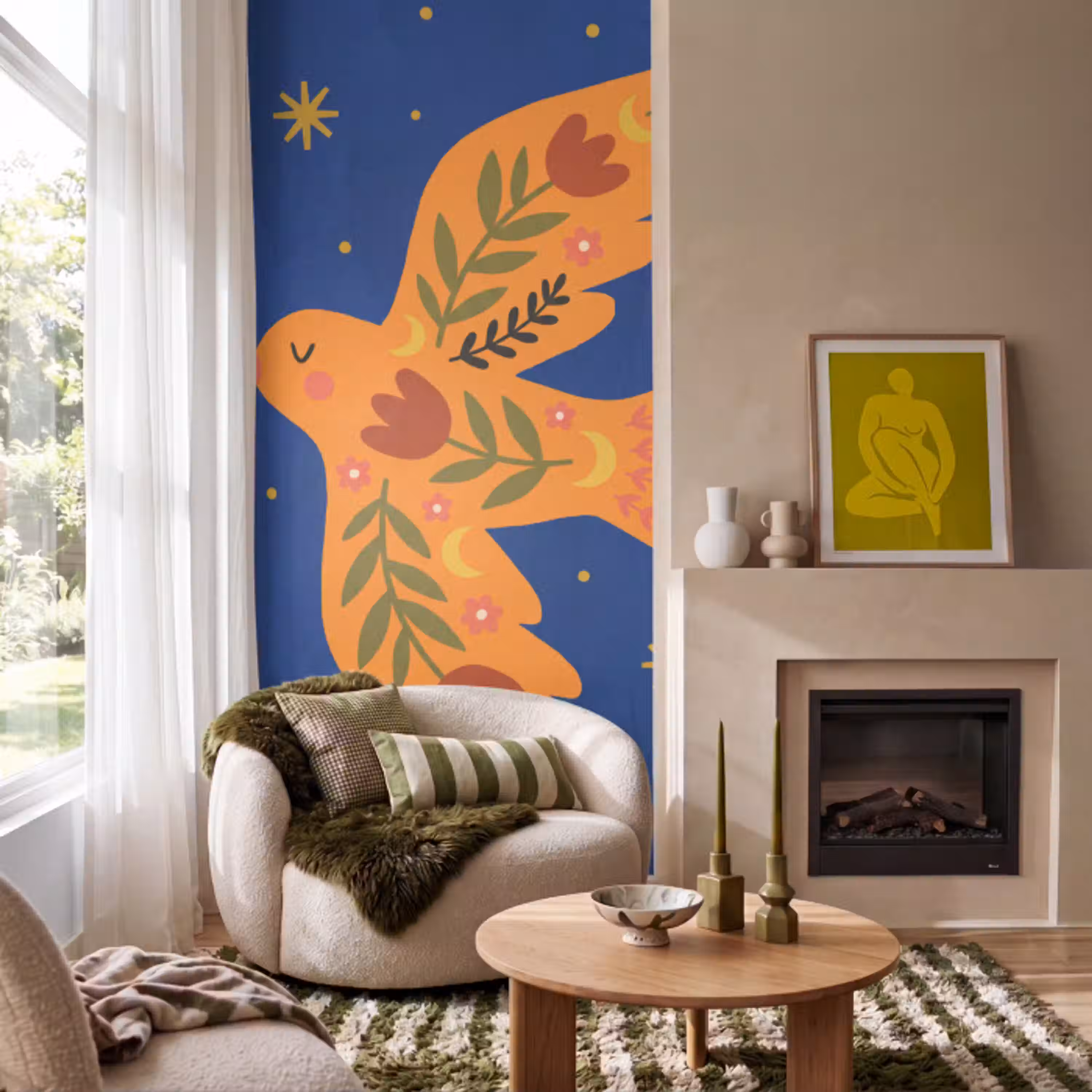 Vogel - Bloemen - Decoratief - Oranje - Blauw Behang Vlies klein -sfeer2