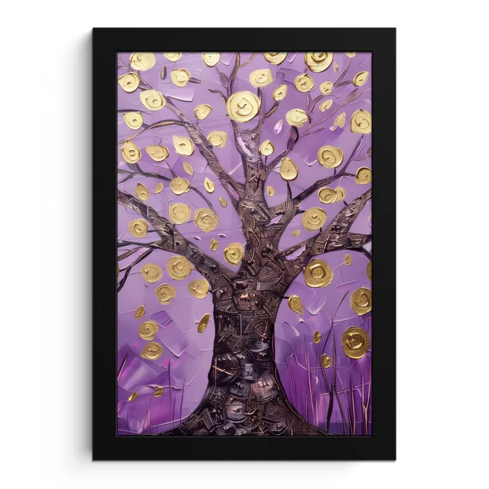 Levensboom - Boom - Paars - Goud - Modern fotolijst zwart zonder passe partout klein -3d