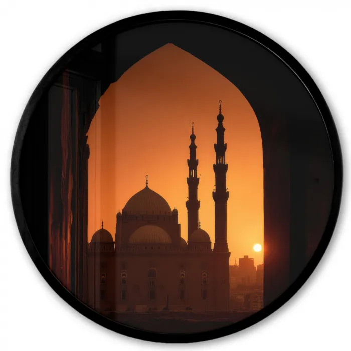 Moskee - Oranje lucht - Islamitisch Fotolijst rond zonder passe partout klein -3d