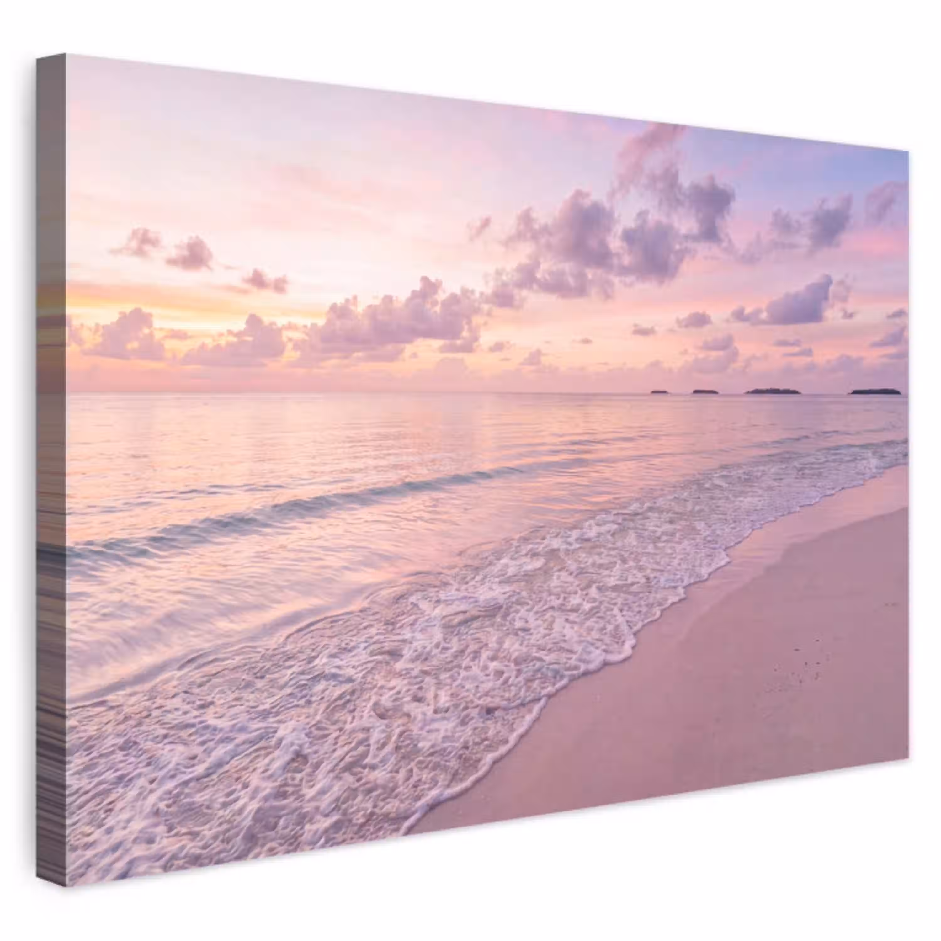 Strand - Zonsondergang - Natuur - Minimalistisch - Roze Tuinposter op houten frame 2 cm dik klein -3d
