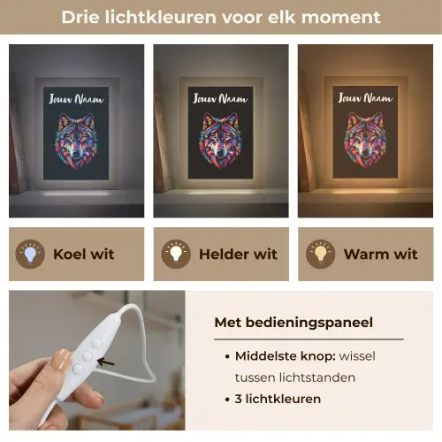 Wolf - Kleurrijk - Zwart - Dieren - Neon Light Box met kabel (Kinderlampje) klein -USP_lichtkleurNL