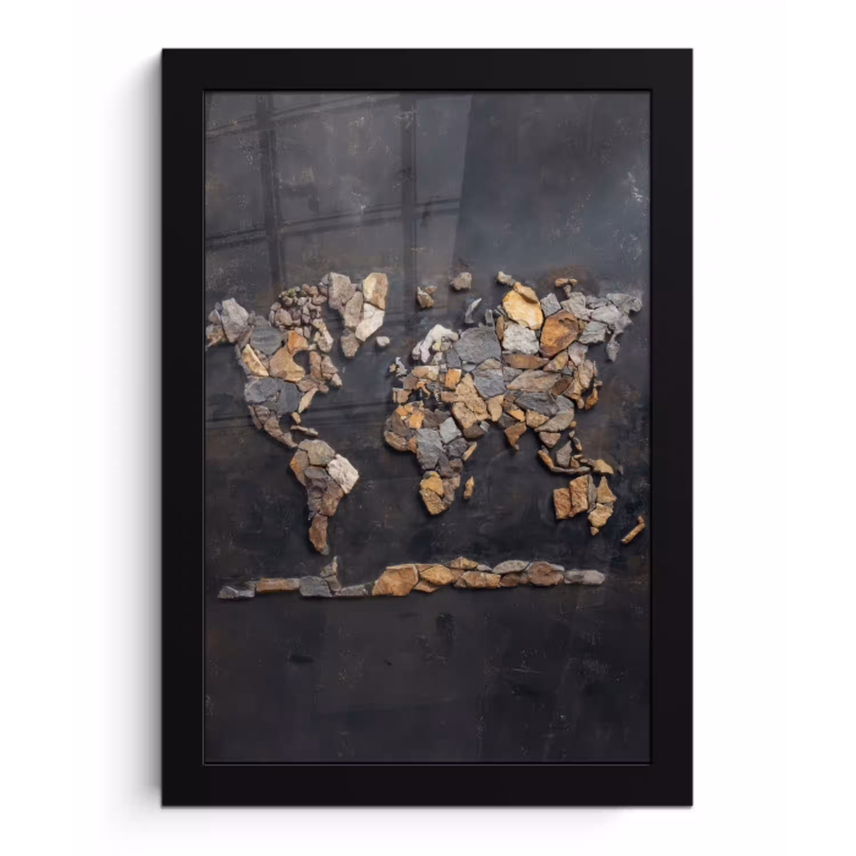 Wereldkaart - Stenen - Realistisch fotolijst zwart zonder passe partout klein -3d