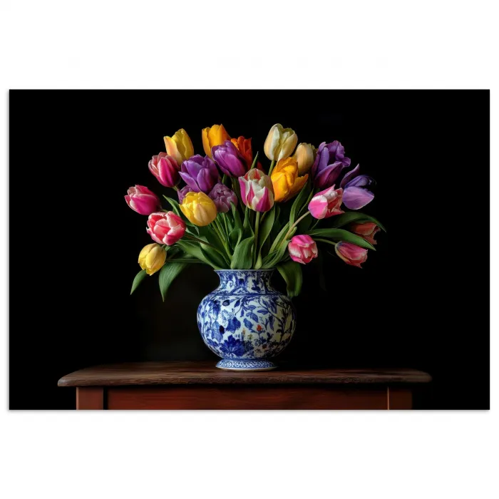 Tulpen - Kleuren - Hout - Vaas poster papier klein -3d