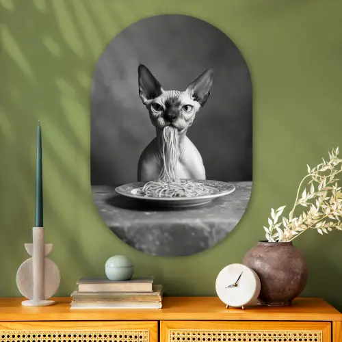 Sphynx - Kat - Dieren - Humor - Spaghetti - Zwart Wit Wandcirkel Ovaal Glas middel -sfeer2