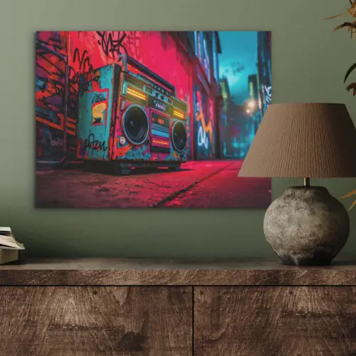 Boombox - Rood - Graffiti - Neon PET vilt klein -sfeer2