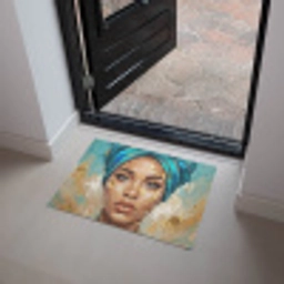 Portret - Vrouw - Schilderij - Blauw - Goud - Expressief Deurmat klein -sfeer5