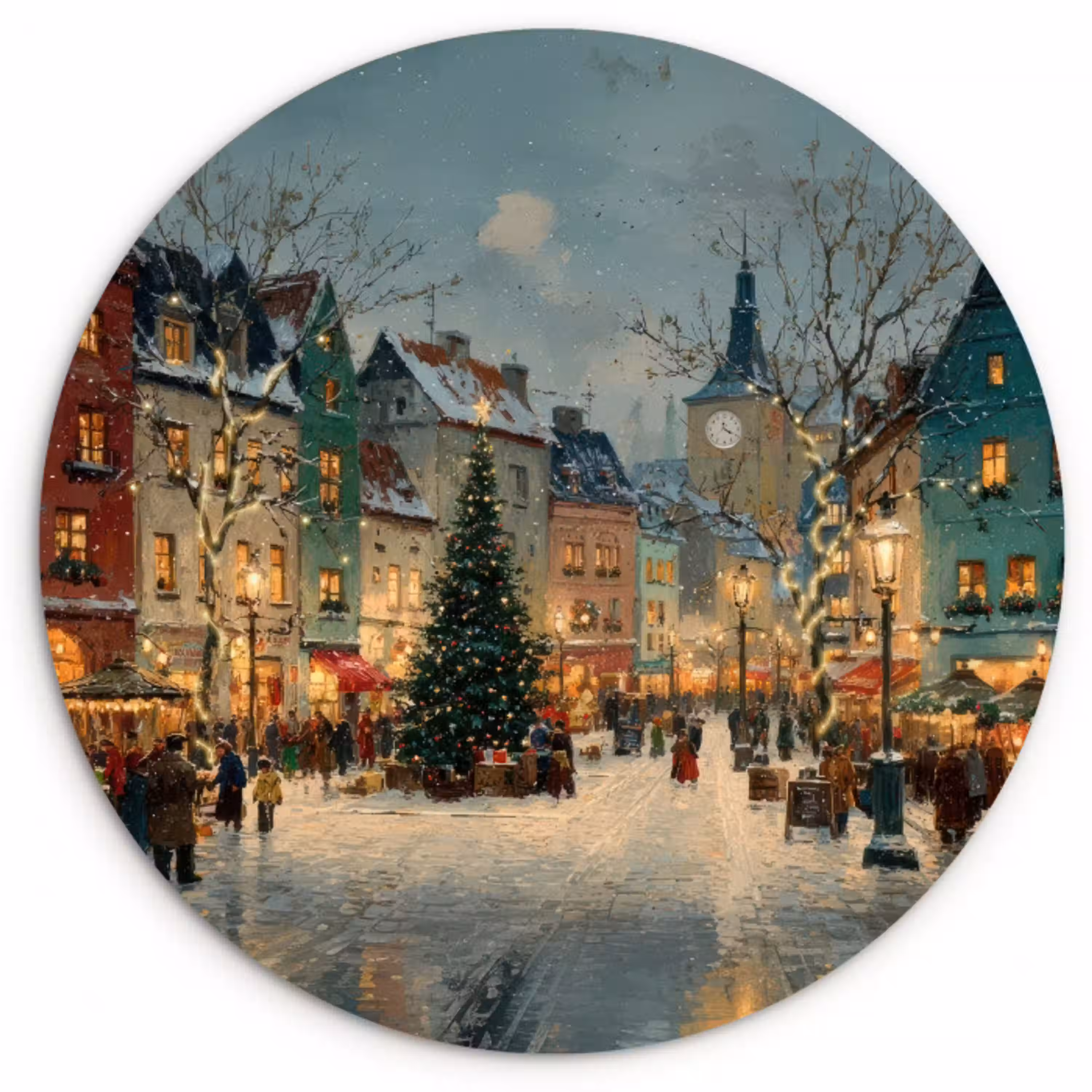 Kerstsfeer - Stadsplein - Kleurrijk Wandcirkel kunststof plaat 5mm dik klein -3d