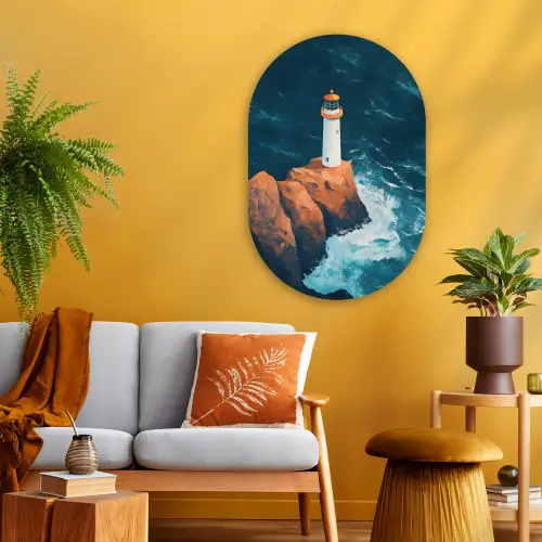 Vuurtoren - Rots - Zee - Golven Wandcirkel Ovaal Glas middel -sfeer4