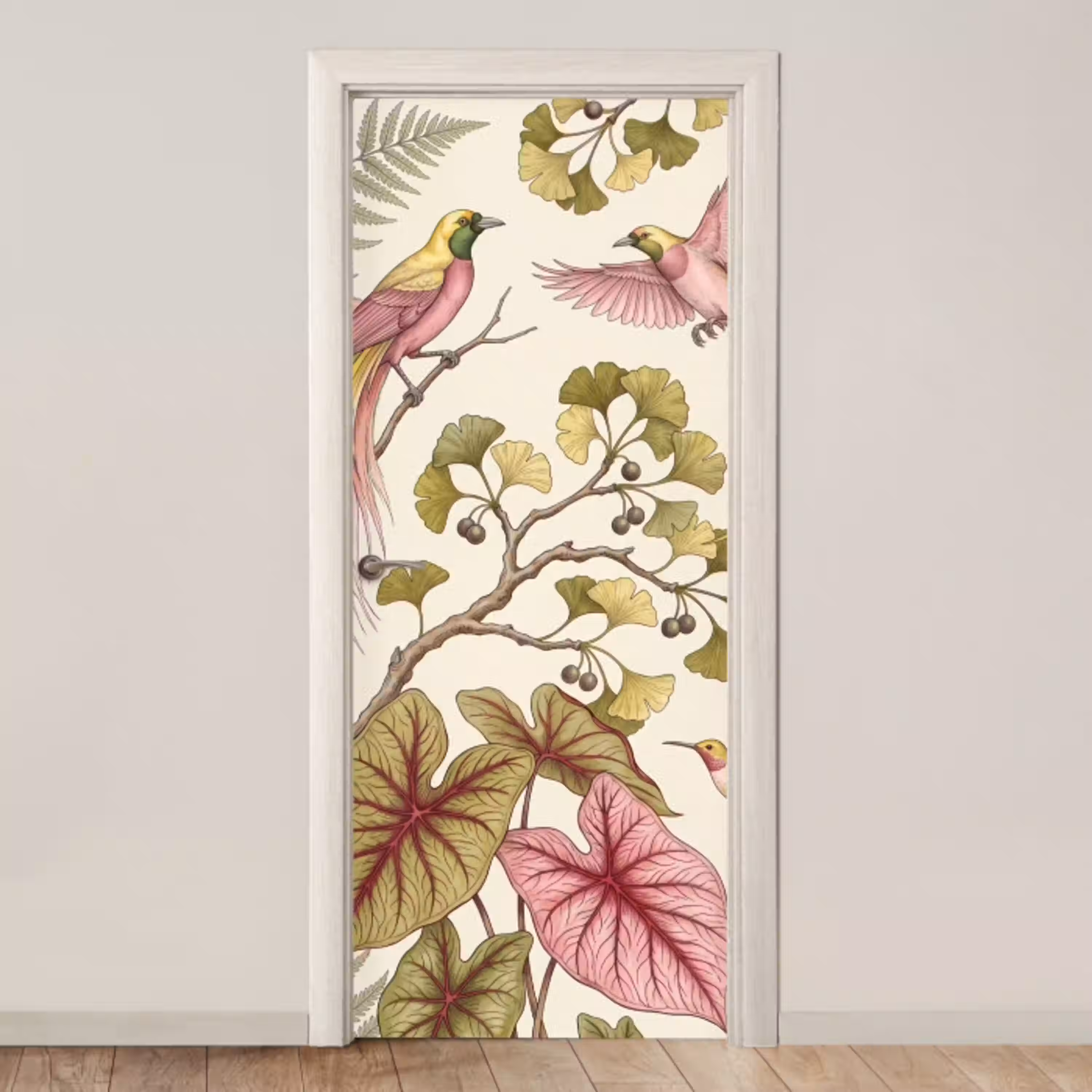 Vogels - Tropisch - Botanisch - Roze deurposter klein -3d_beige