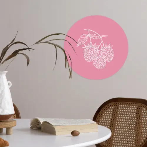 Frambozen - Steel - Getekend - Roze Wandcirkel behangsticker klein -sfeer3