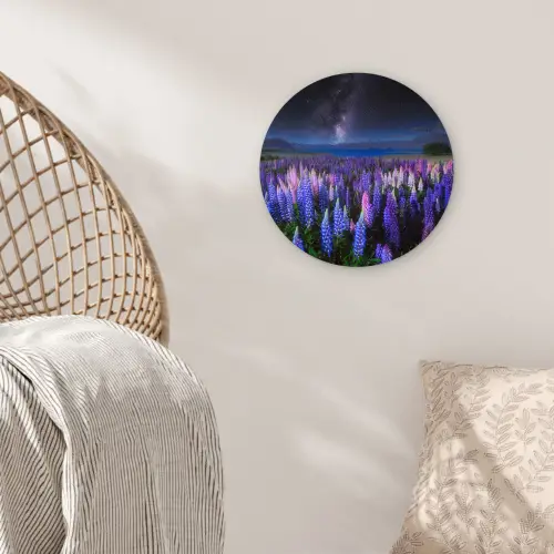 Bloemen - Nacht - Lupine - Sterrenhemel - Paars - Natuur Wandcirkel kunststof plaat 5mm dik klein -sfeer5