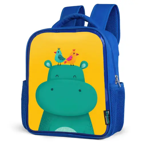Nijlpaard - Vogels - Groen - Geel Kinderrugzak - Blauw middel -schuin