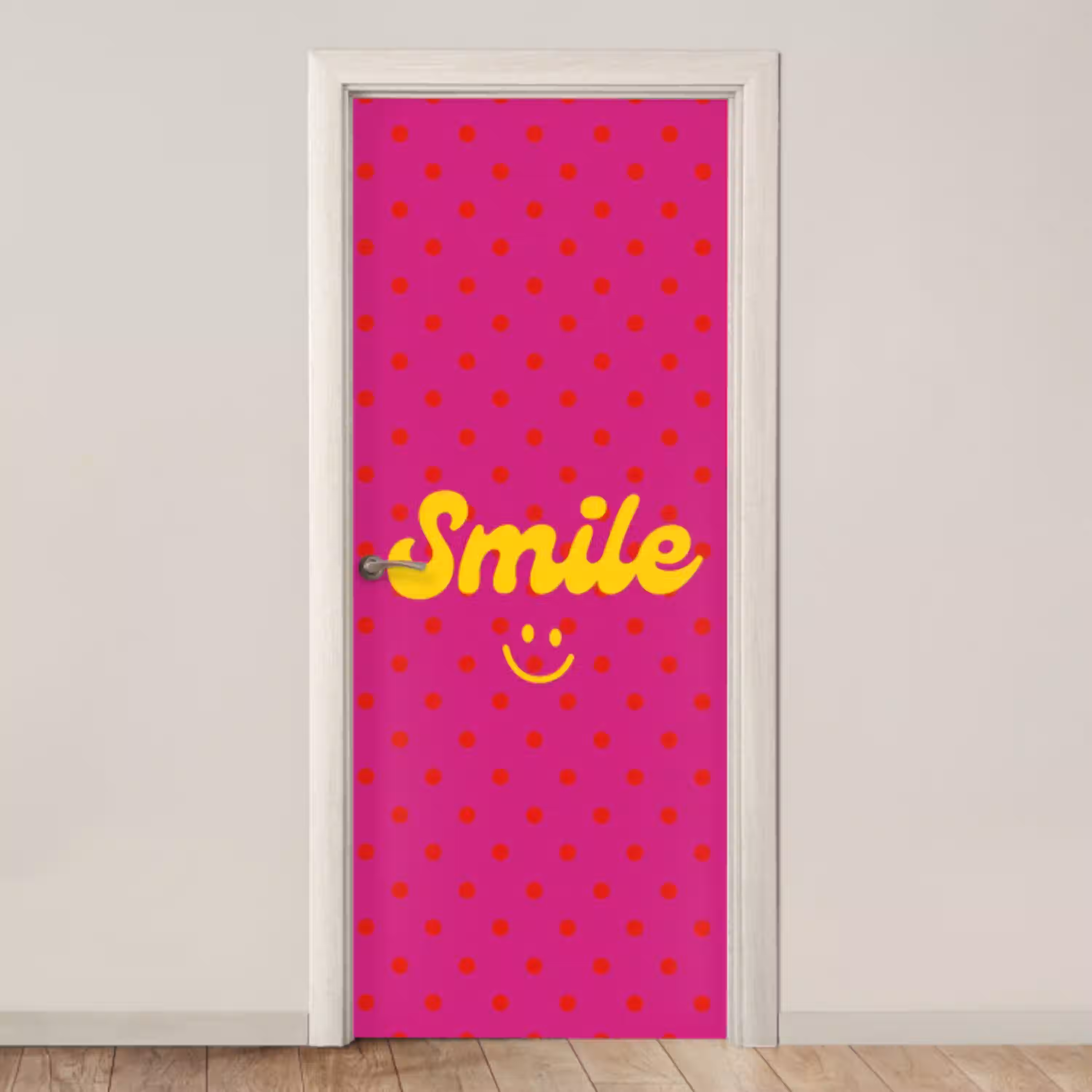 Smile - Stippen - Geel - Smiley - Roze deurposter klein -3d_beige