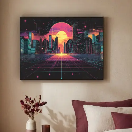 Stad - Gebouwen - Zon - Geel Textielframe zwart klein -sfeer1