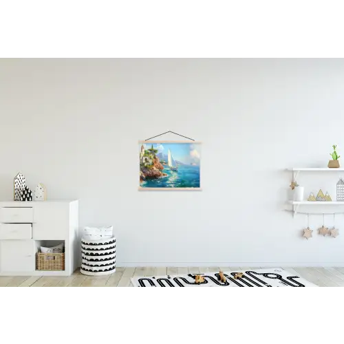 Zeilboot - Rotsen - Kust - Huizen textielposter latten blank klein -kinderkamer