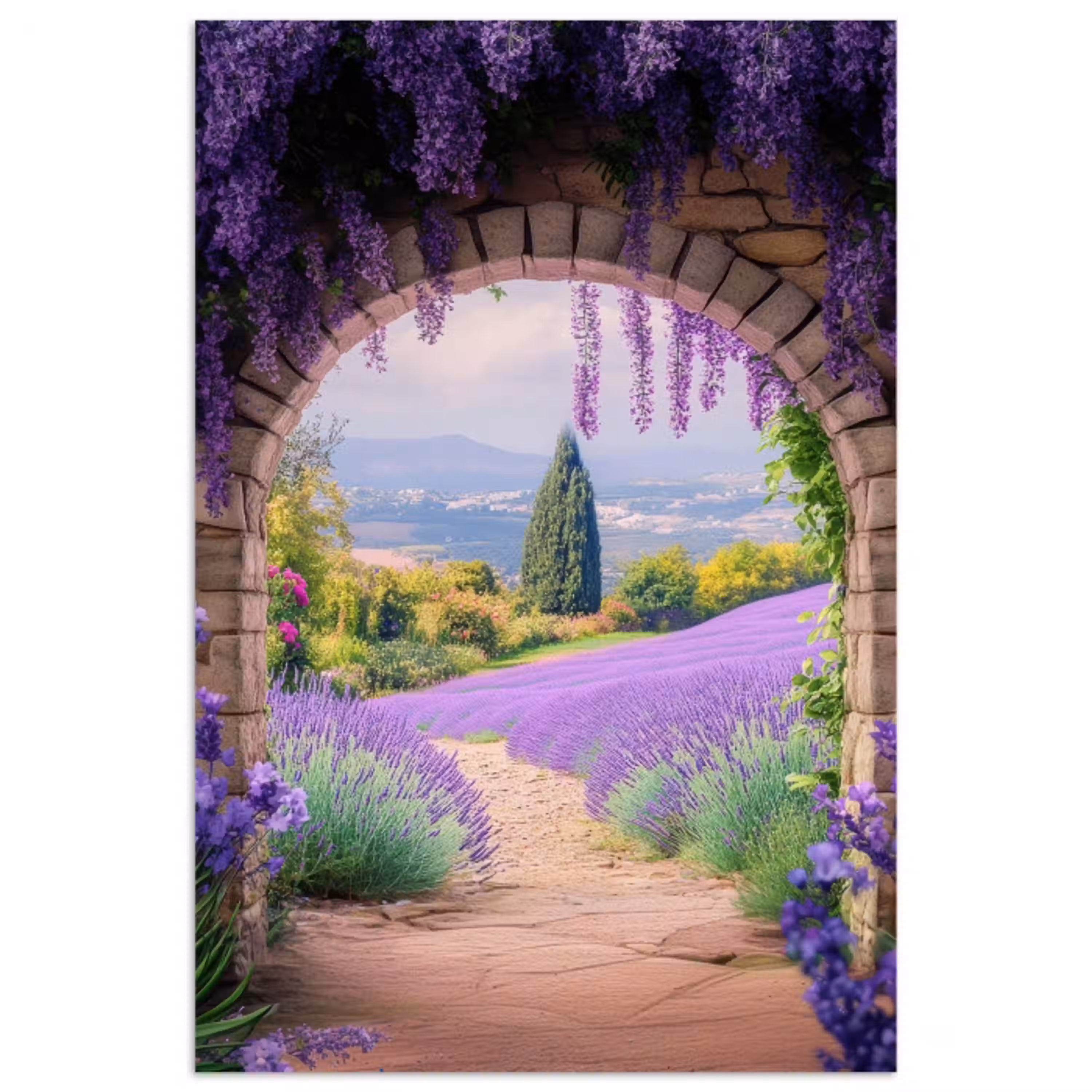 Doorkijk - Lavendel - Bloemen - Paars - Poort poster papier klein -3d