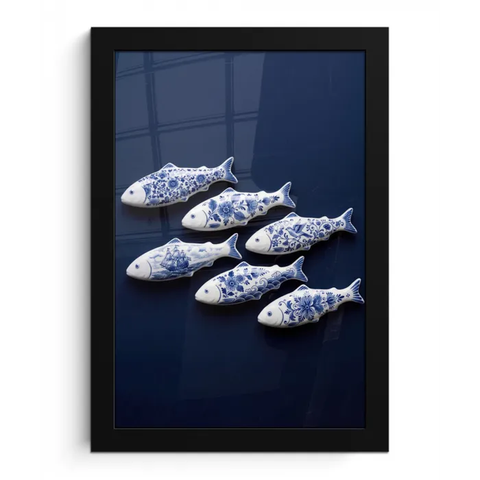 Vissen - Delfts - Blauw - Keramiek fotolijst zwart zonder passe partout klein -3d