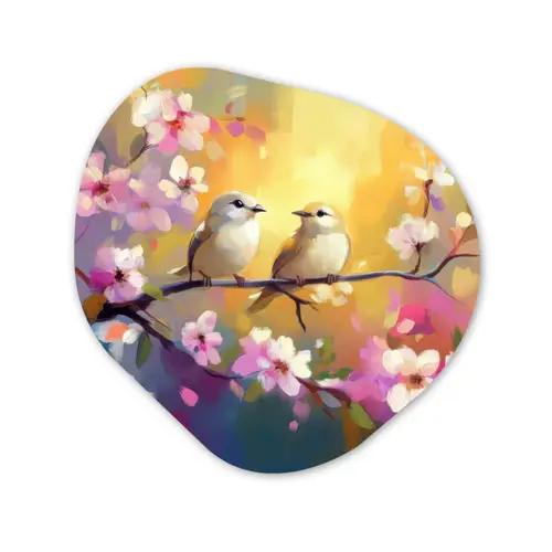 Vogels - Bloemen - Roze Wandcirkel Organisch Plexiglas middel -3d