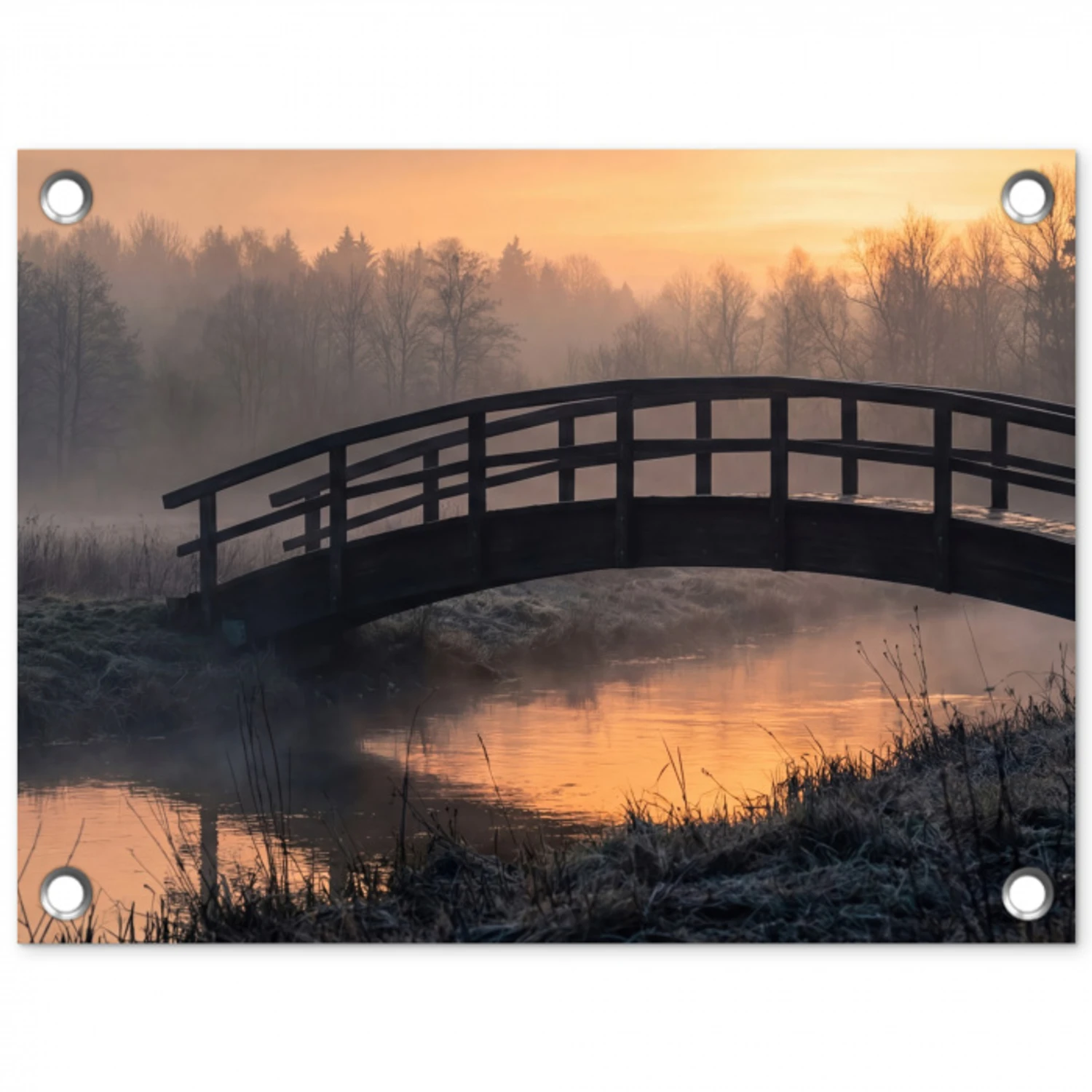 Brug - Mist - Bomen - Water tuinposter los doek klein -3d