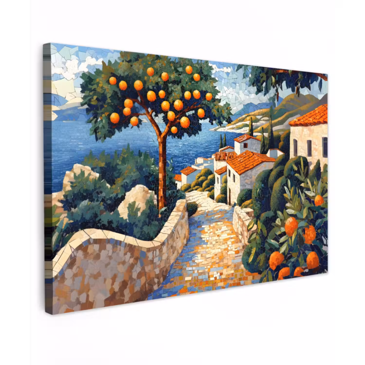 Canvas schilderij - Huizen - Mozaïek - Sinaasappelbomen - Zee