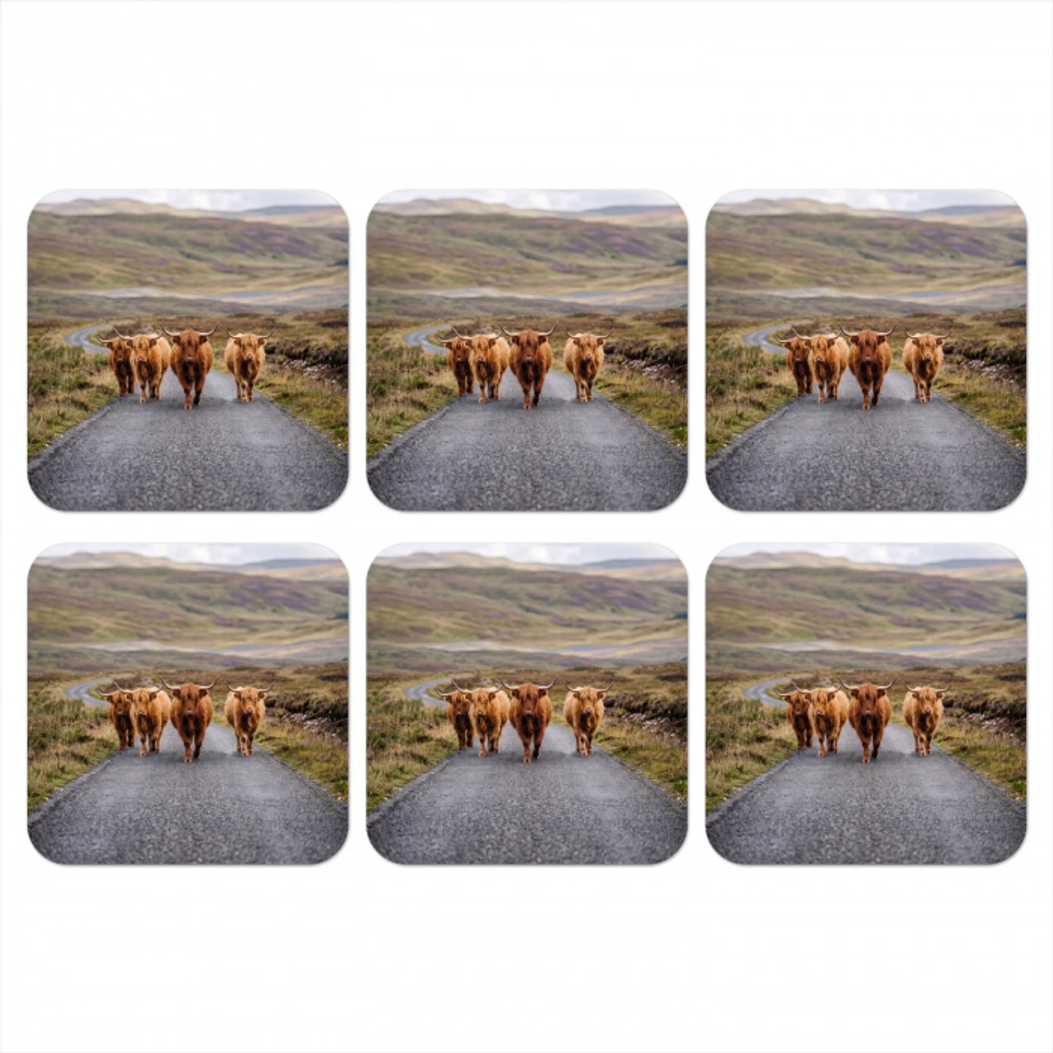 Schotse Hooglanders - Weg - Landschap - Kudde onderzetter kurk middel -3d