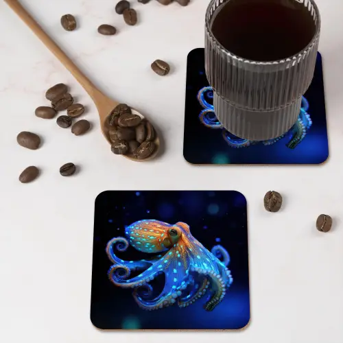 Octopus - Stippen - Blauw - Zee onderzetter kurk middel -sfeer2