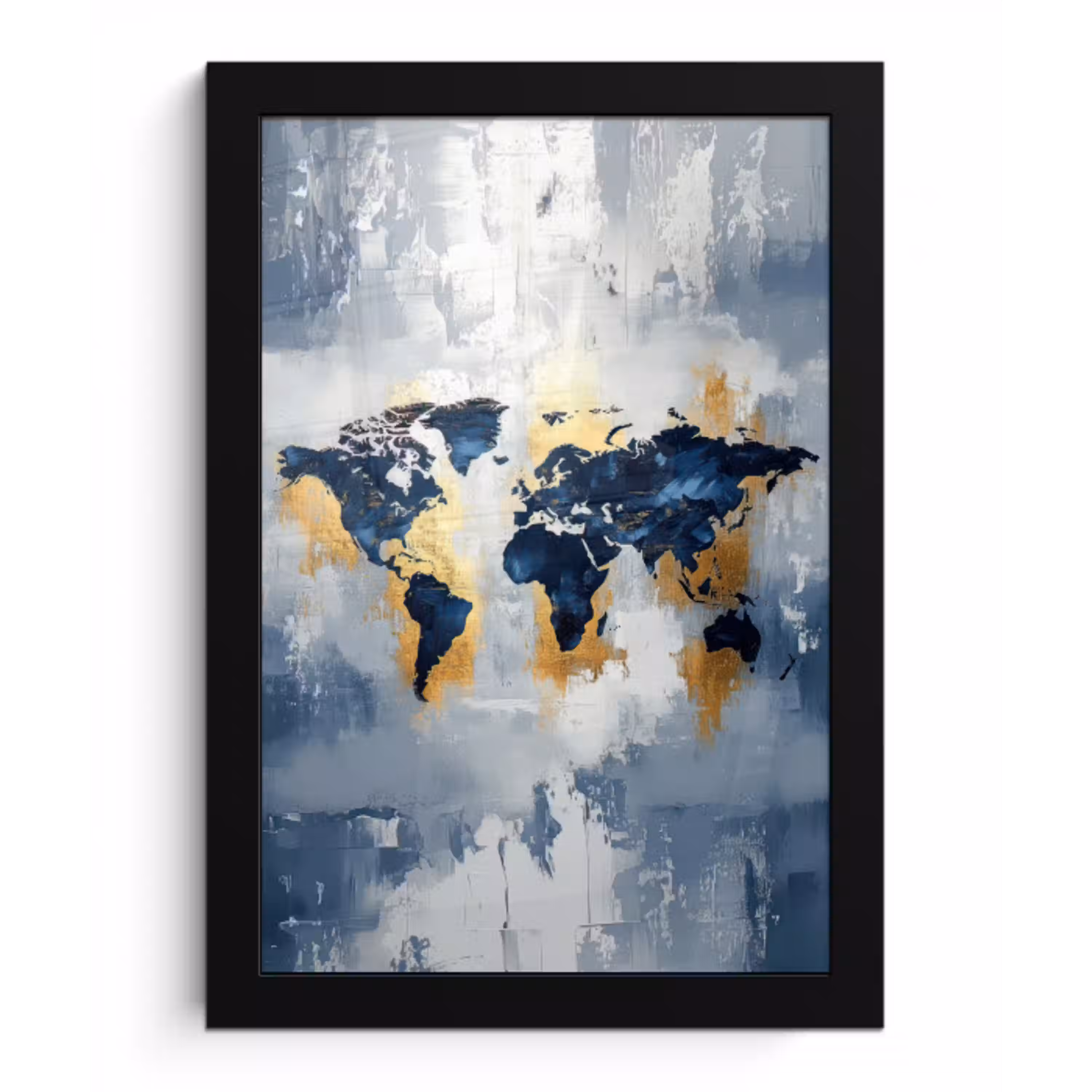 Wereldkaart - Blauw - Abstract fotolijst zwart zonder passe partout klein -3d