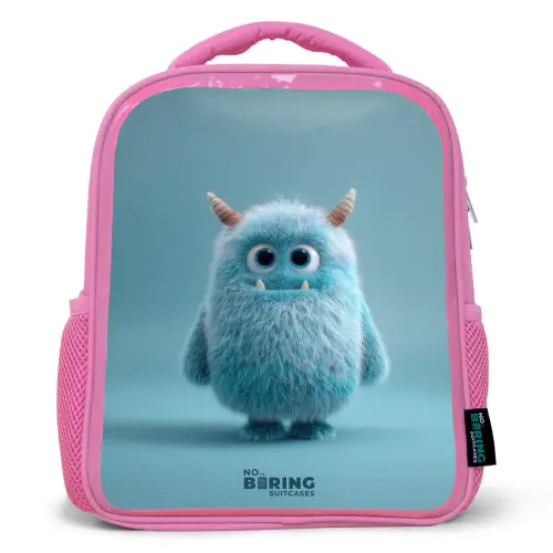 Blauw pluizig monster met hoorns Kinderrugzak - Roze middel -3d