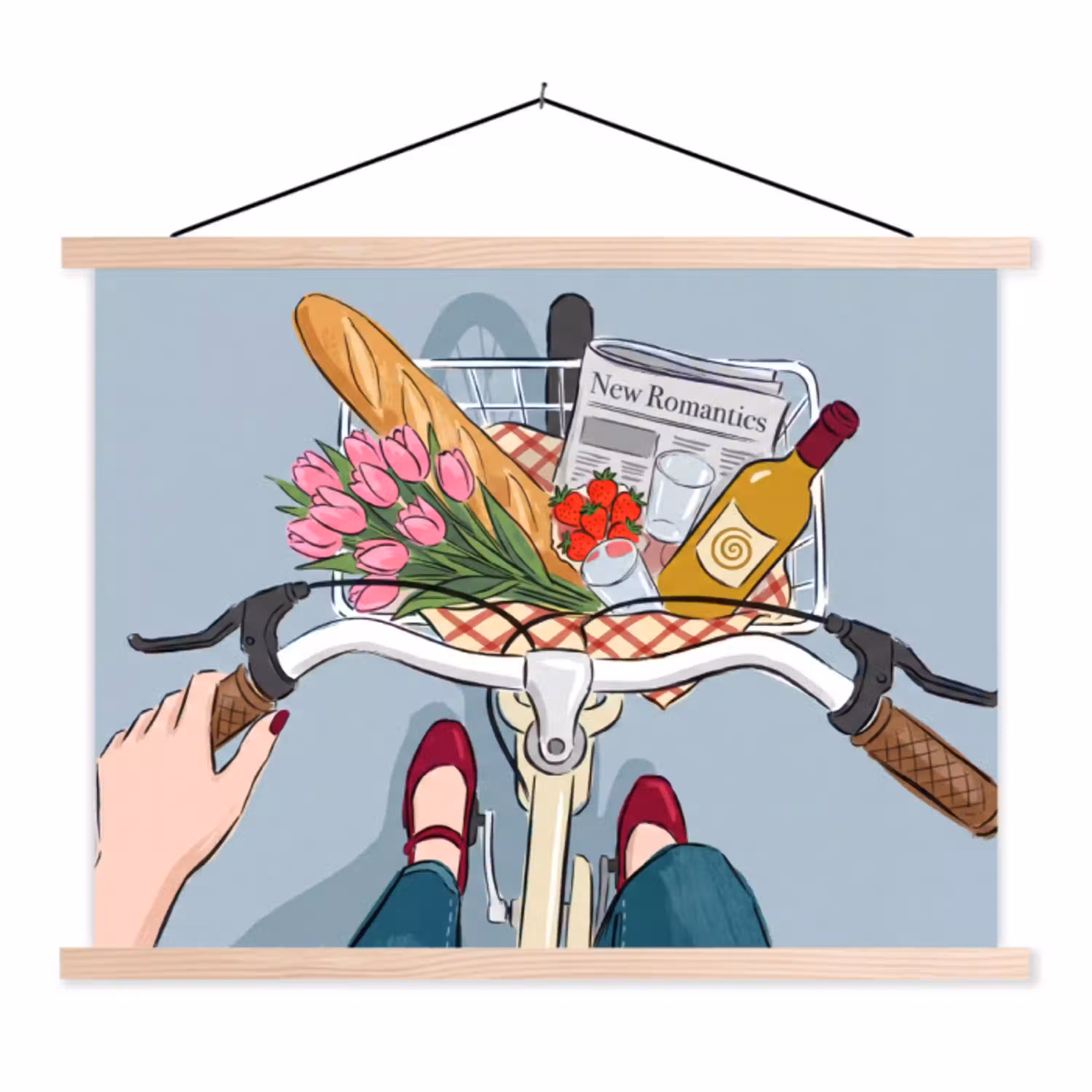 Fiets - Picknick - Zomer - Illustratie textielposter latten blank klein -3d