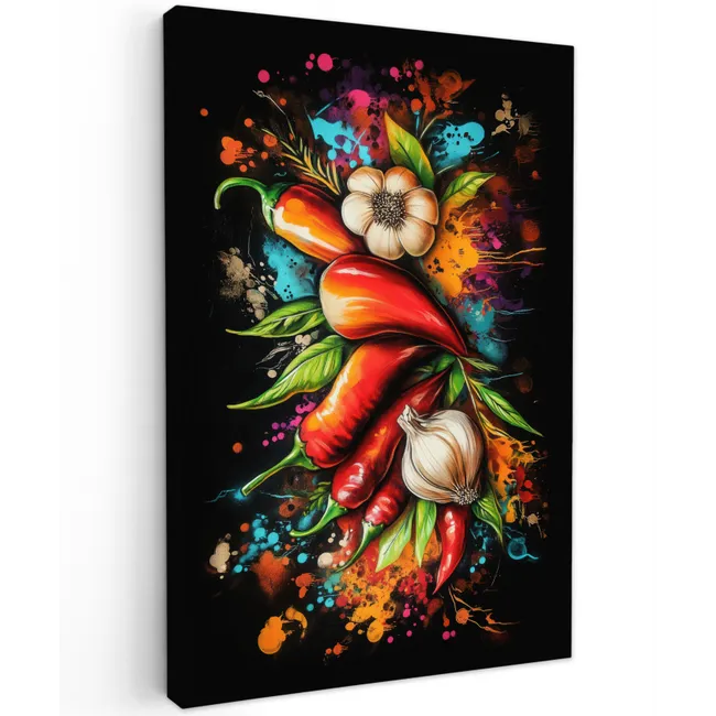 Groente - Peper - Knoflook - Graffiti - Verf - Kleurrijk Tuinposter op houten frame 2 cm dik klein -3d