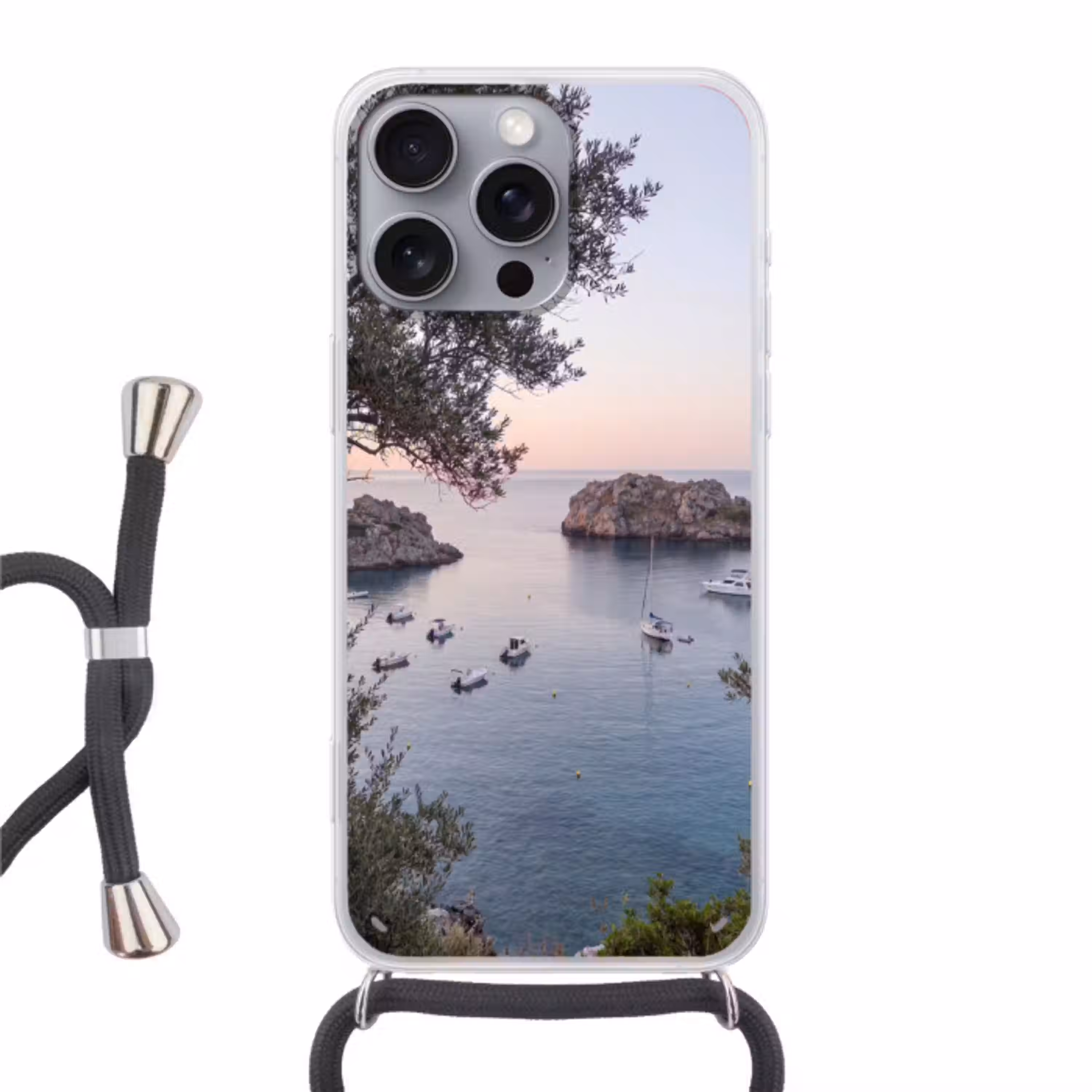 Baai - boten - zonsondergang Hoesje iPhone 16 Pro Max met koord klein -3d