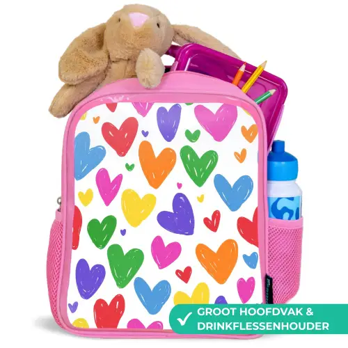Hartjes - Patroon - Kleurrijk - Tekening Kinderrugzak - Roze middel -inhoud_NL