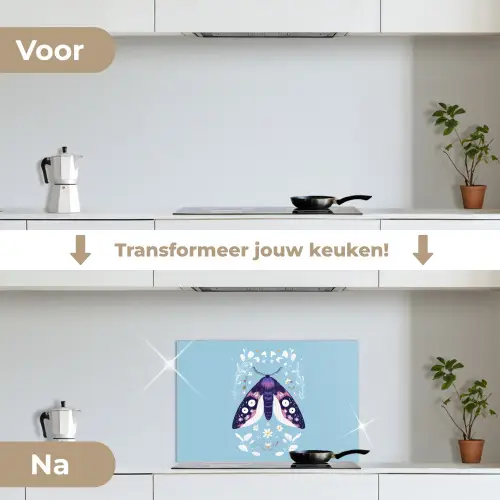 Bladeren - Wit - Vlinder - Insect keuken achterwand spatscherm klein -voor_na_NL
