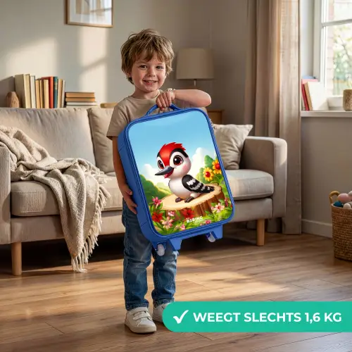 Specht op en boomstronk Kinderkoffer - Blauw klein -sfeer2_NL