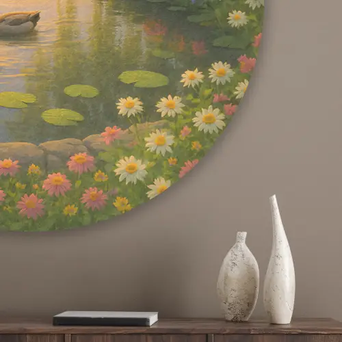 Eenden - Vijver - Bloemen Akoestische PET Vilt - Rond klein -sfeer5_closeup