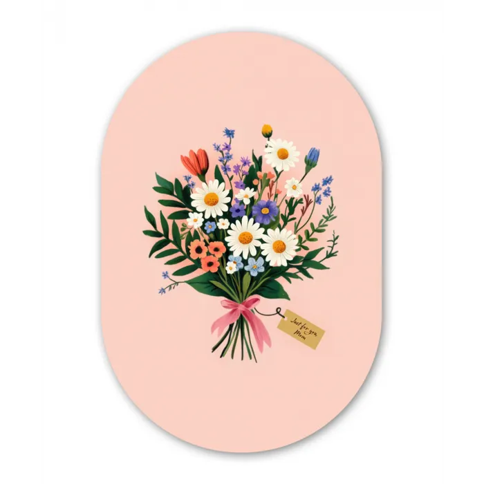 Margrieten - Boeket - Strikje - Roze Wandcirkel Ovaal Glas middel -3d