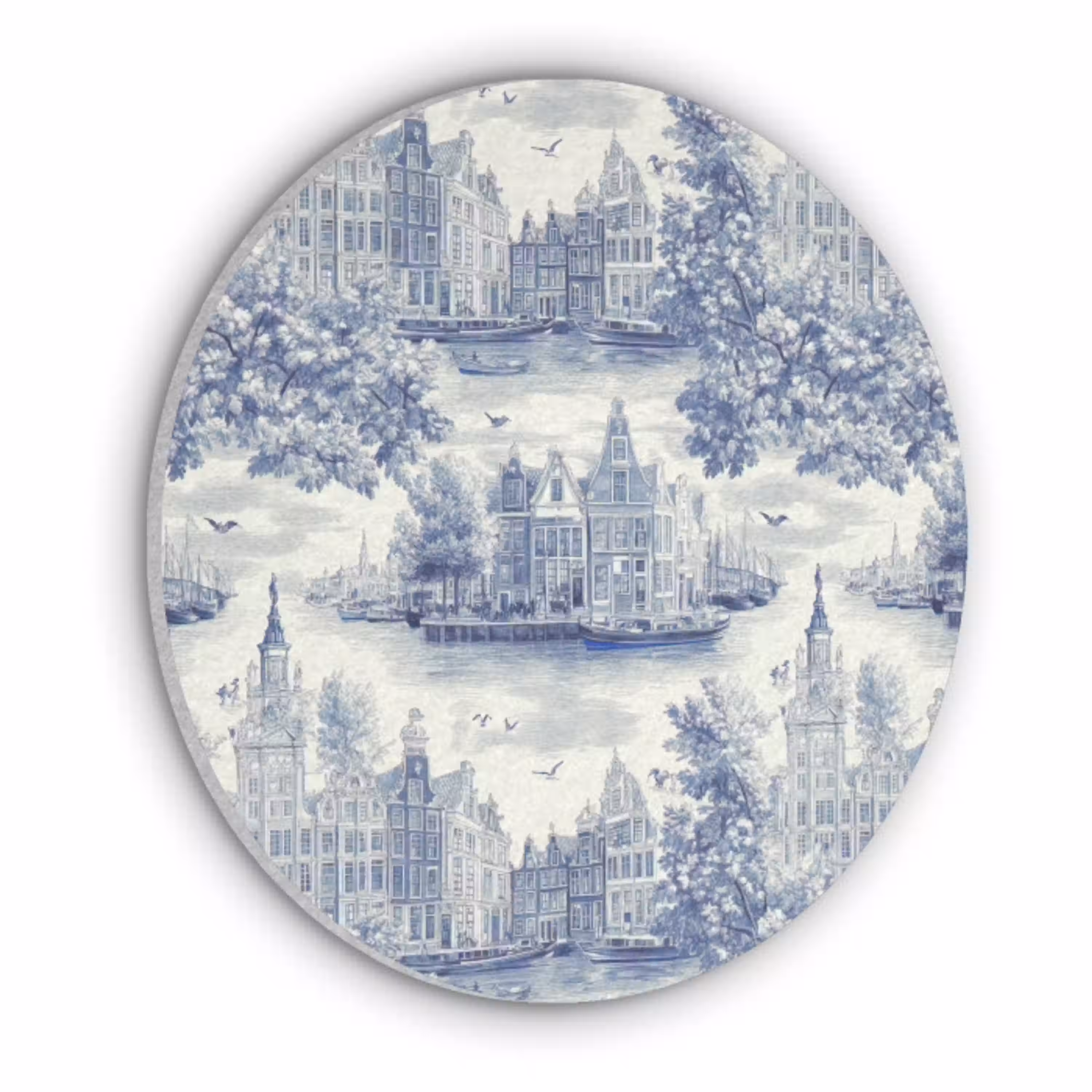 Huizen - Bomen - Water - Vogels - Blauw Akoestische PET Vilt - Rond klein 838 -3d