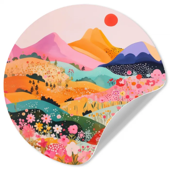 Kleurrijke bloemen - Bergen - Fantasielandschap Wandcirkel behangsticker klein -3d