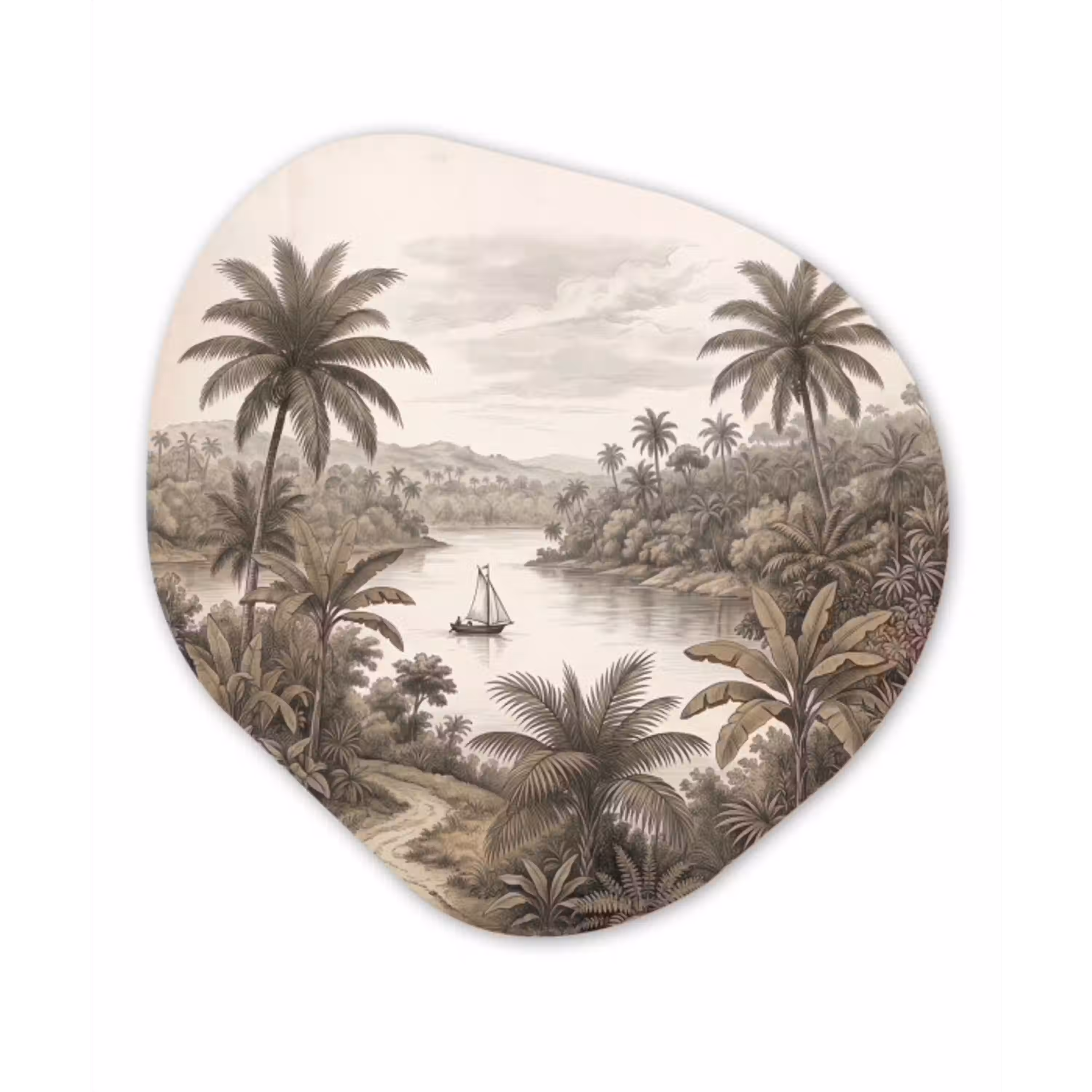 Landschap - Rivier - Boot - Tropisch - Vintage Wandcirkel Organisch Aluminium middel -3d
